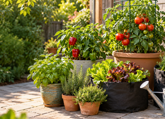 Tomatoes, peppers, lettuce, and herbs growing in patio containers