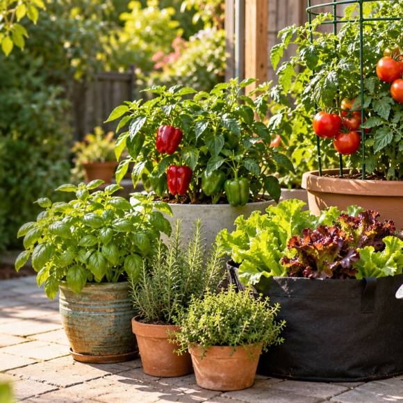 Tomatoes, peppers, lettuce, and herbs growing in patio containers