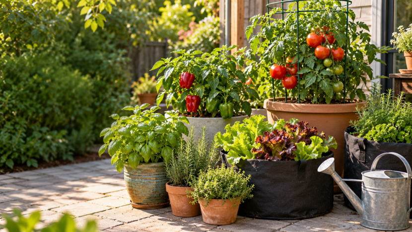 Tomatoes, peppers, lettuce, and herbs growing in patio containers