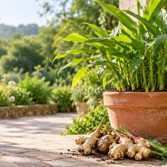 Ginger plant in a terracotta pot with harvested rhizomes on a patio
