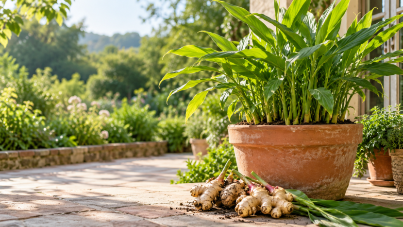 How to Grow Ginger at Home Ginger plant in a terracotta pot with harvested rhizomes on a patio