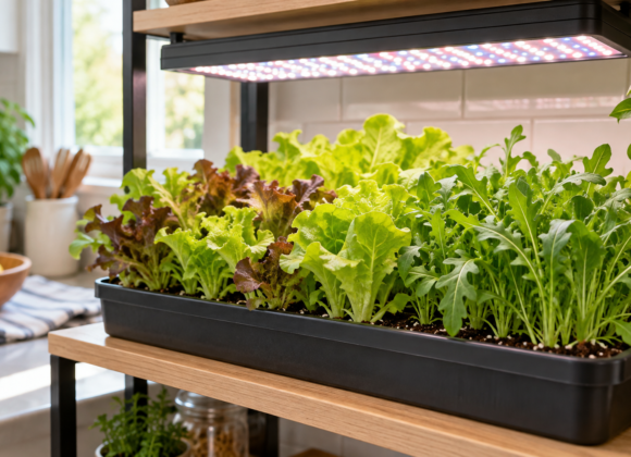 Leafy greens growing indoors beneath an LED grow light
