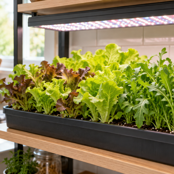 Leafy greens growing indoors beneath an LED grow light