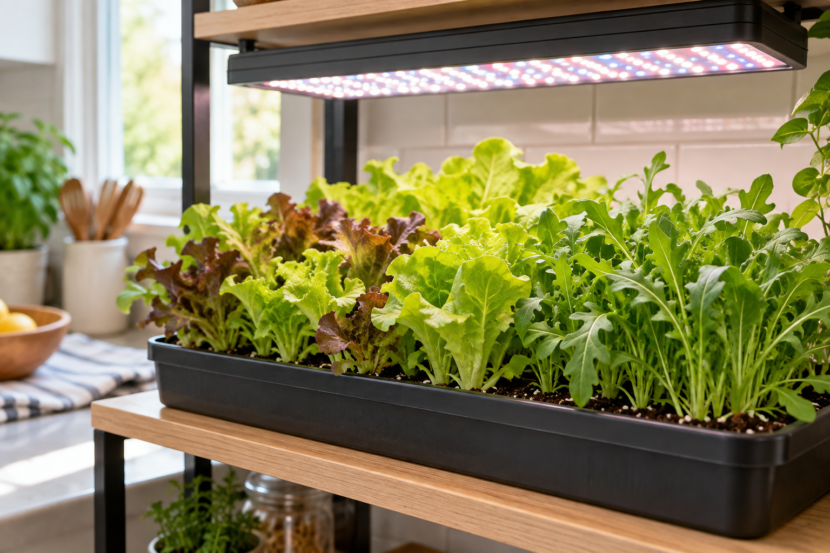 Leafy greens growing indoors beneath an LED grow light