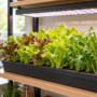 Leafy greens growing indoors beneath an LED grow light