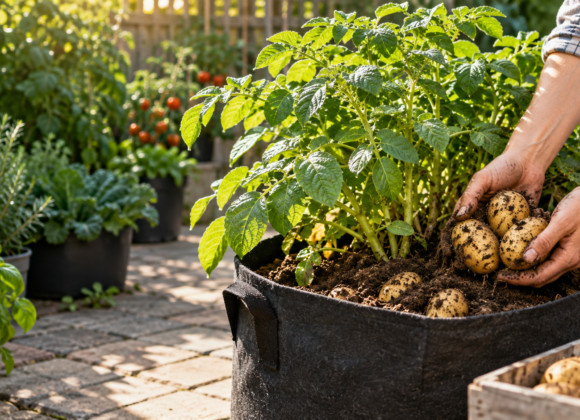 Fresh potatoes being harvested from a fabric grow bag on a patio