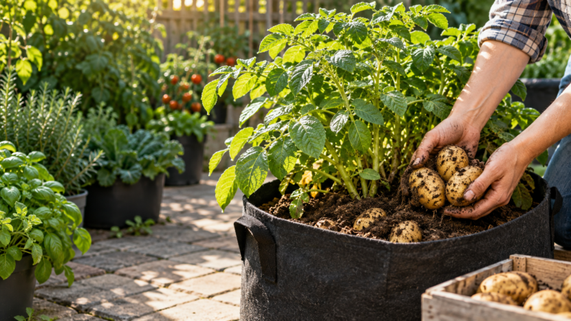 How to Grow Potatoes in Containers Fresh potatoes being harvested from a fabric grow bag on a patio