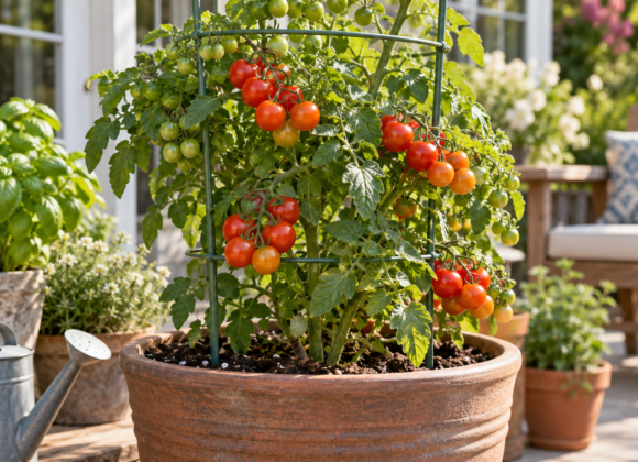 Cherry tomatoes growing in a large patio container with support cage