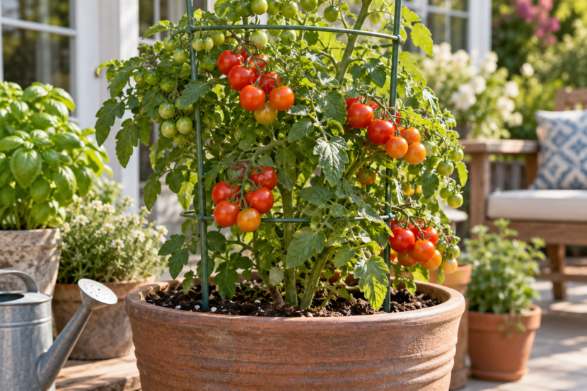 Cherry tomatoes growing in a large patio container with support cage